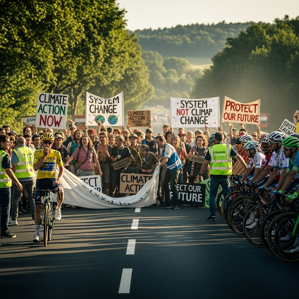more protests at the 2023 Vuelta: Organizers Have No Plan B 3 A photo showing more protests with activists holding banners and blocking a road, causing the cycling race to halt.