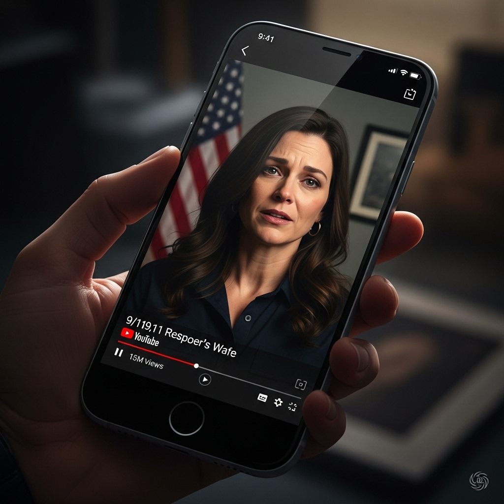 9/11 Responder's Wife Blasts Mamdani's Twitch Link 3 A picture of the viral video from the 9/11 responder's wife on a smartphone screen.