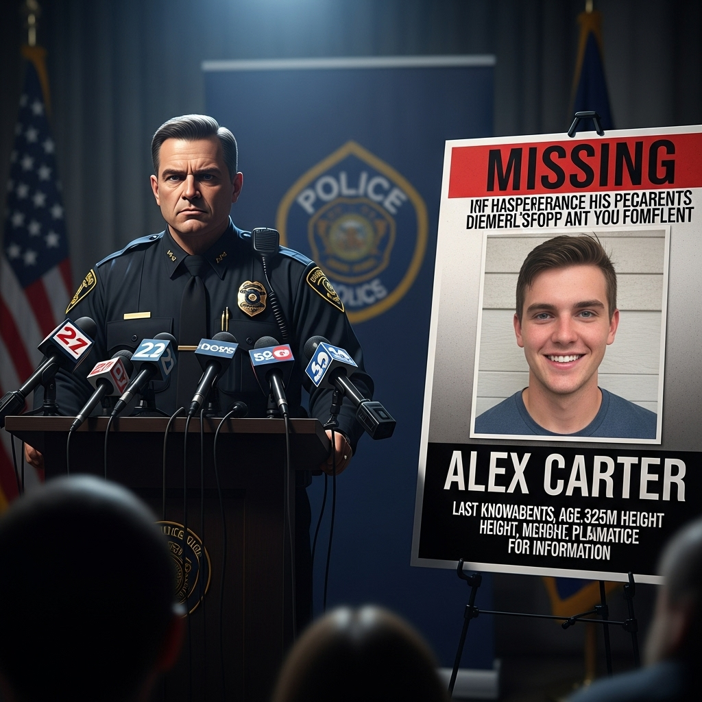 Mystery donor: £100k reward for missing UK student 4 A police officer at a press conference podium, with a missing poster of Alex Carter visible behind them.
