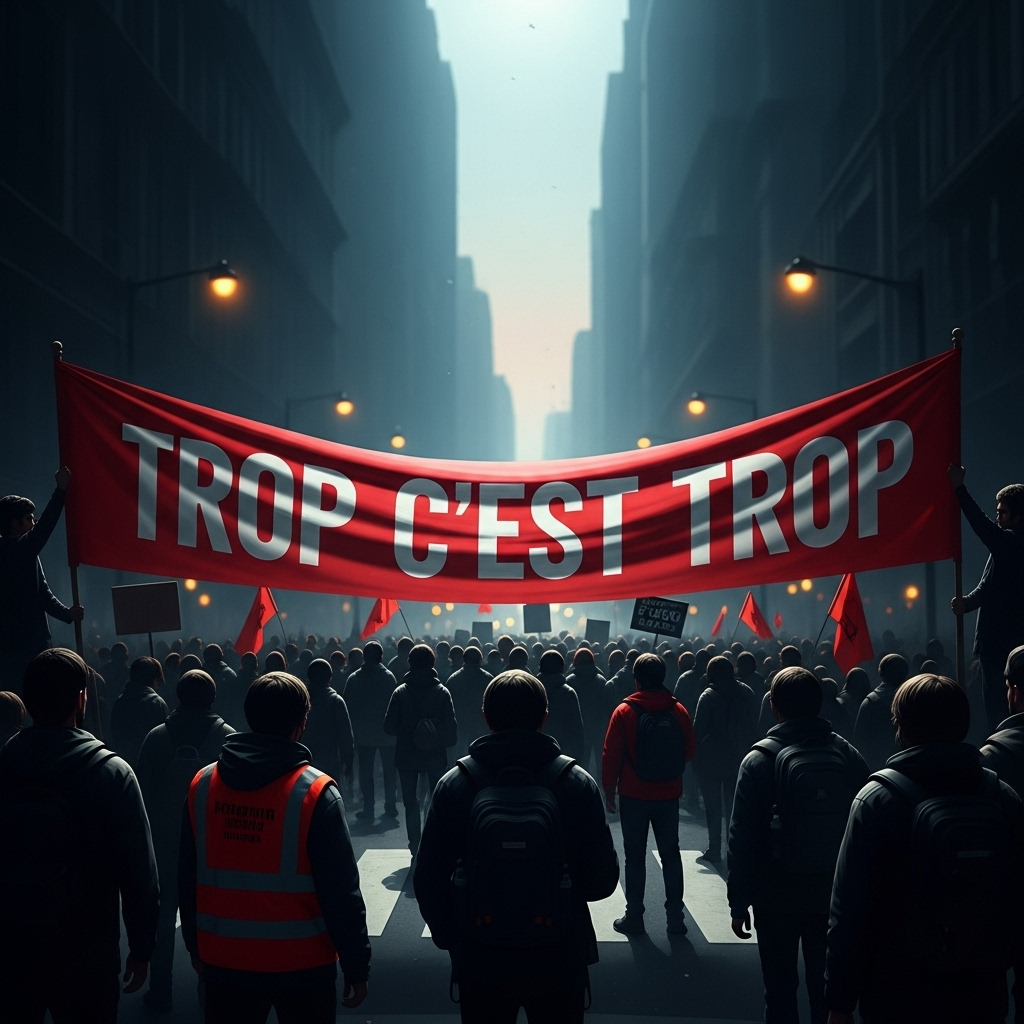 'block everything' protests': France Sees 100s Arrested 4 A protest banner reading 'Trop c'est trop' (Enough is Enough) at one of the 'block everything' protests.