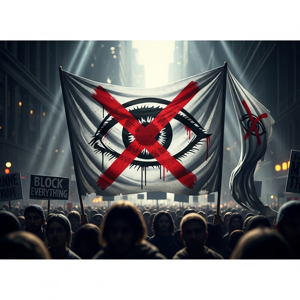 'block everything' protests: Hundreds arrested in France 2 A protest banner with a crossed-out eye symbolizing the opposition to surveillance at the 'block everything' protests.