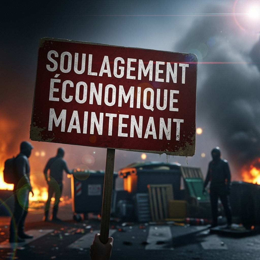 'Block everything' protests: 100s Arrested Across France 4 A protest sign demanding economic relief at the scene of the 'block everything' protests in Paris.