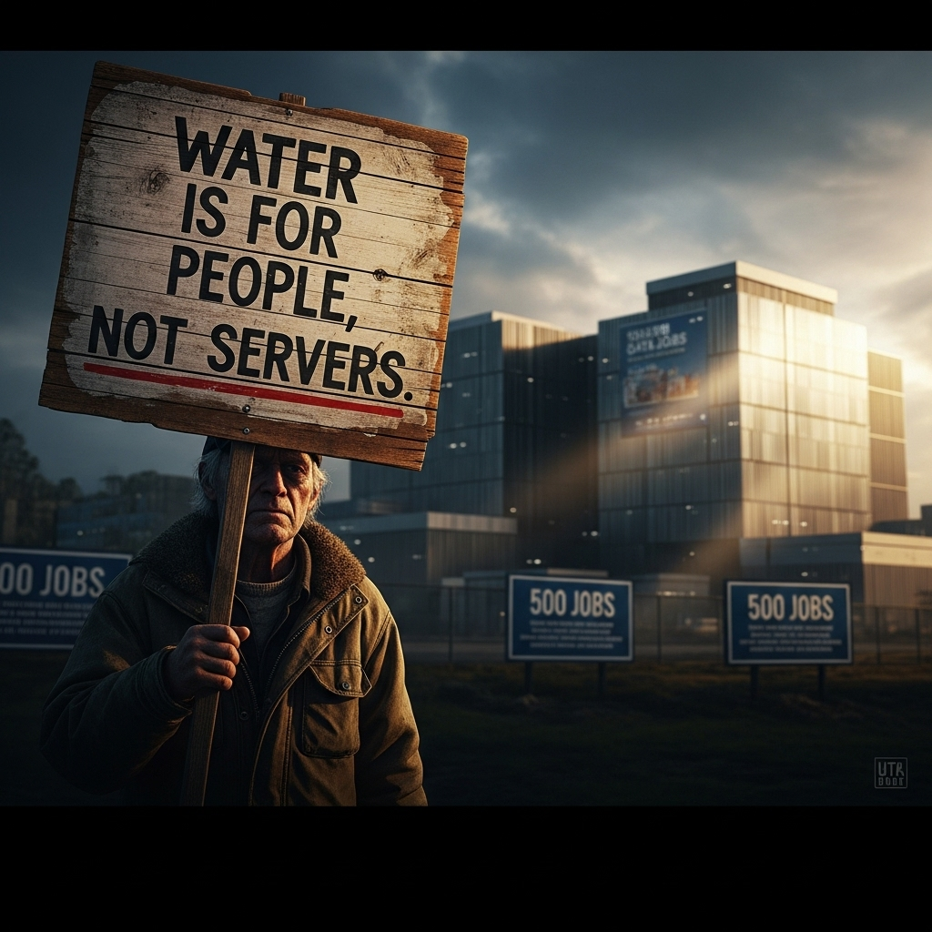 500 Jobs vs. Pushback on NC's $6.4B Data Center Plan 3 A protest sign held by a concerned citizen reads 'Water is for People, Not Servers,' with a data center in the background. The protest is over a project promising 500 jobs.