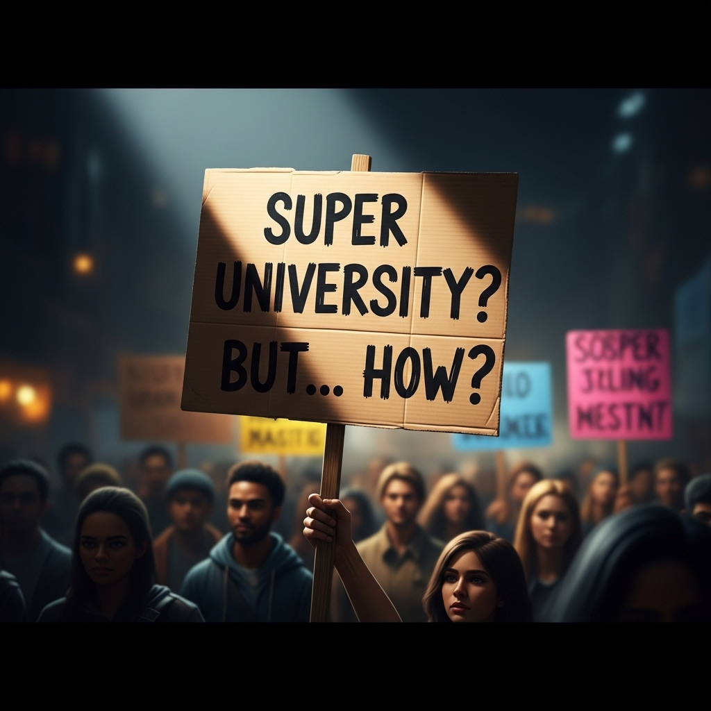 UK's First 'Super' University Created from 2026 Merger 3 A protest sign held up, questioning the logistics of creating the UK's first 'super' university.