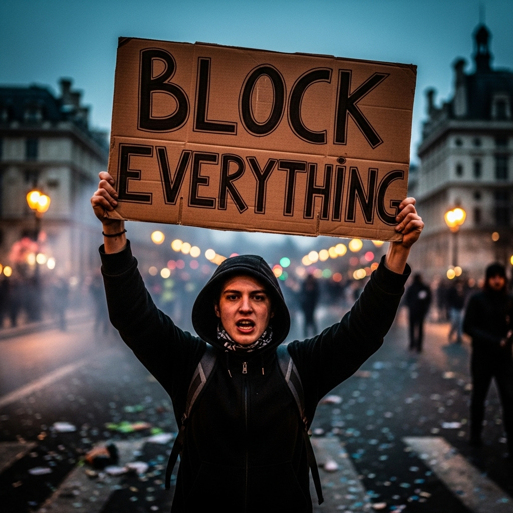 'Block Everything' Protests: Over 200 Arrested in France 4 A protester holding a 'Block Everything' sign during the intense street demonstrations in France.