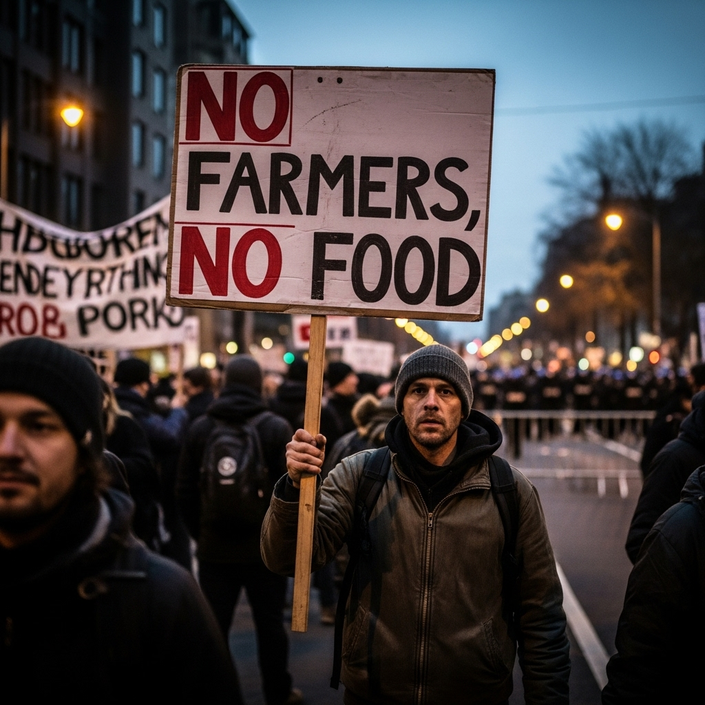 'block everything' protests: Hundreds Arrested in France 4 A protester holding a sign that reads 'No Farmers, No Food' at the 'block everything' protests.