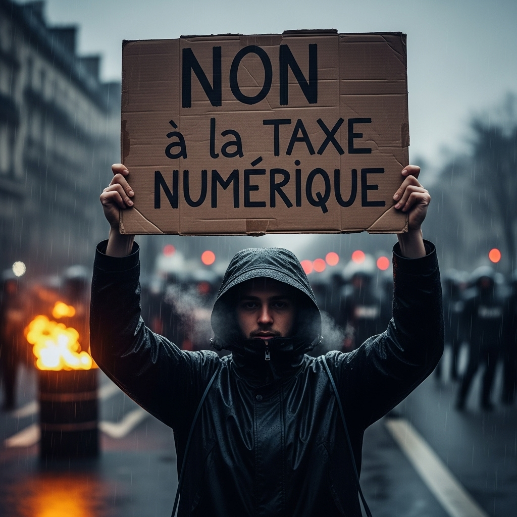 'block everything' protests: Hundreds arrested in France 4 A protester holds up a sign that reads 'NON à la taxe numérique' during the 'block everything' protests in France.