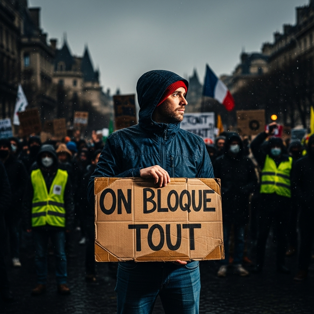 'block everything' protests: French Police Arrest 100s 4 A protestor holding a sign with a slogan during the French 'block everything' protests, with a crowd in the background.