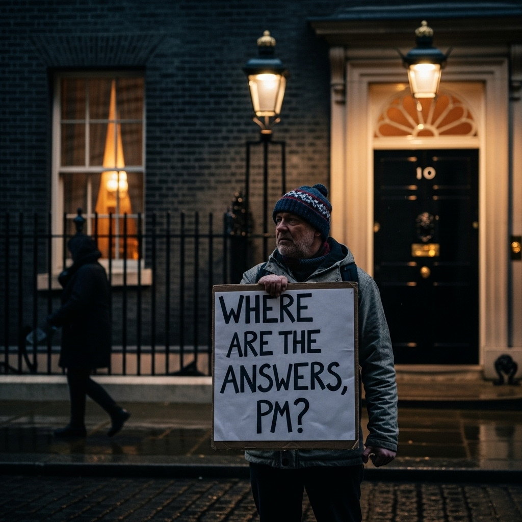 UK PM Faces 5 New Questions on Mandelson-Epstein Link 4 A protestor holds a sign demanding answers from the uk pm outside of 10 Downing Street.