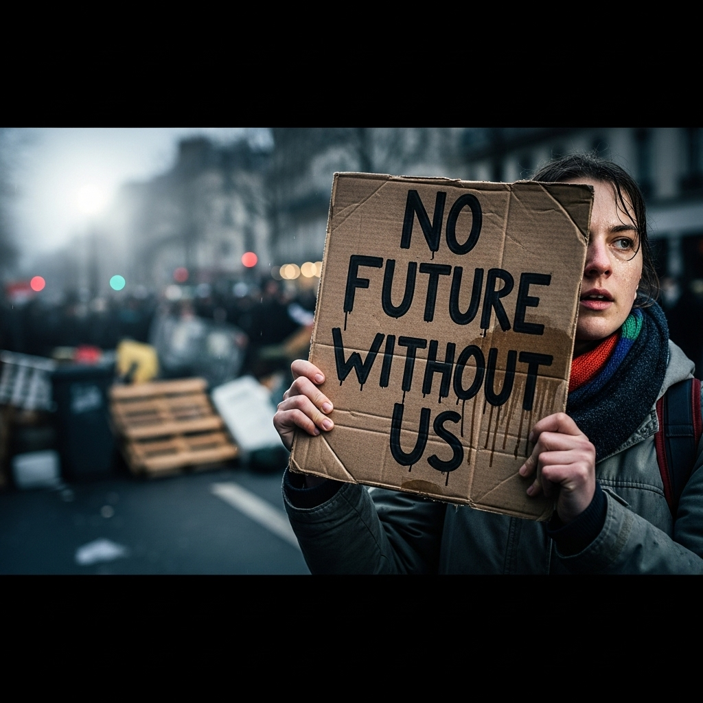 'Block Everything' Protests: French Police Arrest 100s 3 A protestor holds a sign that reads 'No Future Without Us' during the French 'block everything' protests.