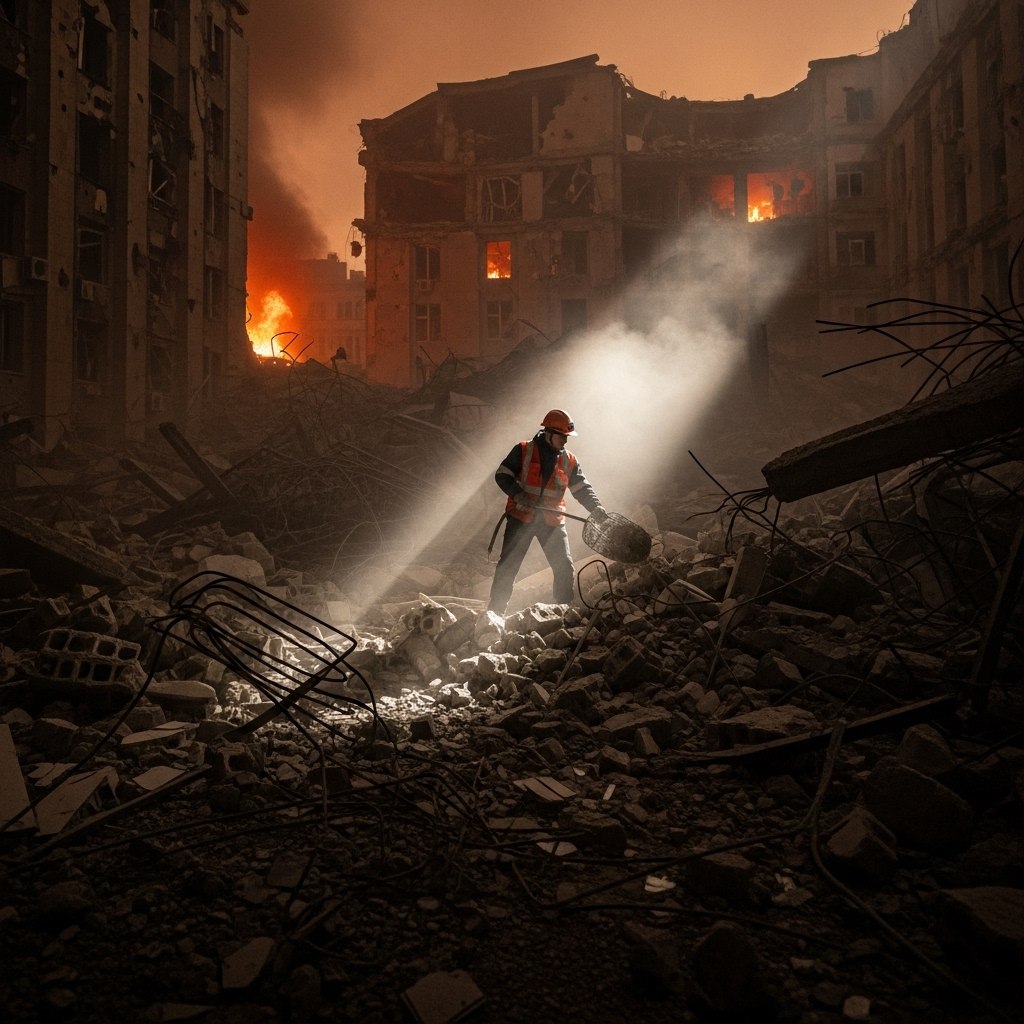 Missile Strike: 12 Photos Inside Kyiv's Gov Building 4 A rescue worker searches for survivors in the rubble of the Kyiv government building after the missile strike.