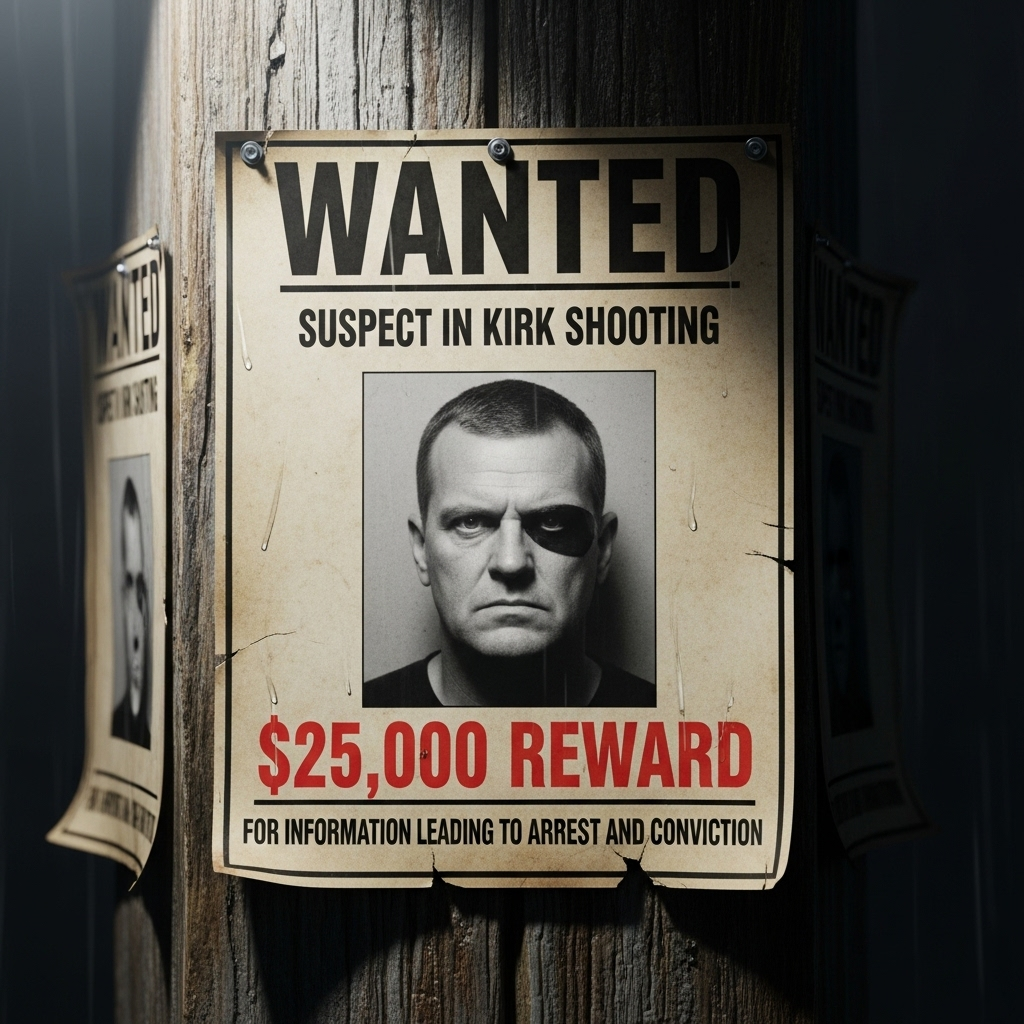 kirk shooting: 4 Key Updates on the Manhunt for Suspect 4 A reward poster for the suspect in the kirk shooting, offering $25,000 for information.
