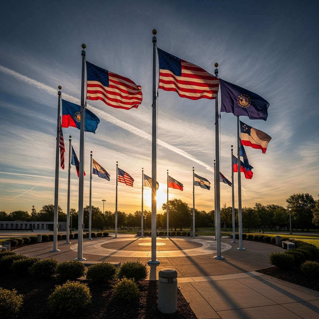 Public property flag rules: 1 Michigan city ban proceeds 3 A row of flagpoles on public property, flying only the American and state flags.