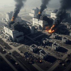 a satellite image showing the aftermath of the unprecedented drone strikes on a power facility in caspia 0