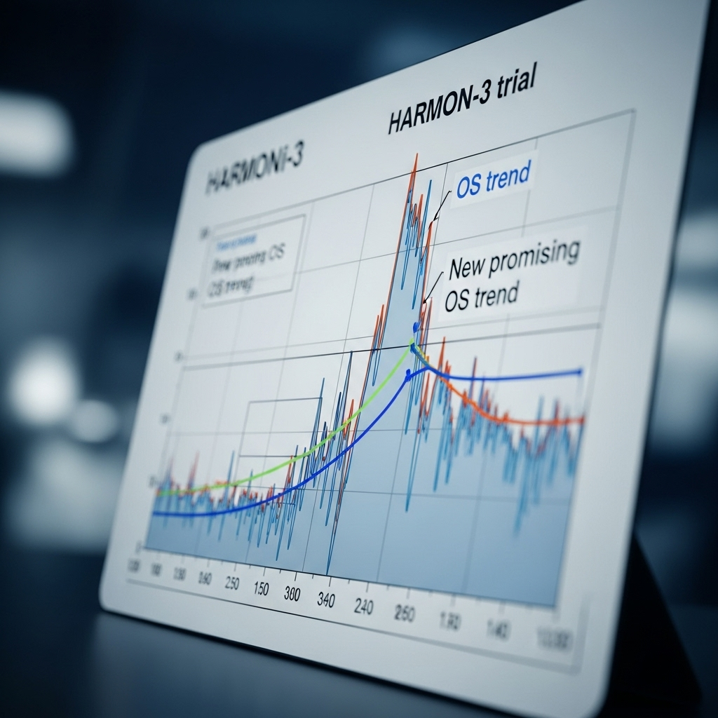 new promising os trend: Summit's Phase 3 global data 2 A scientific chart showing the new promising os trend in the HARMONi-3 trial data.