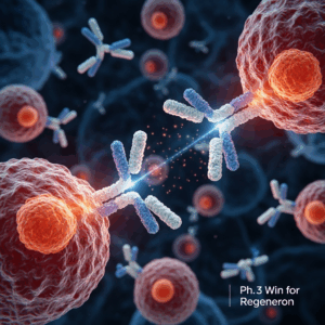 a scientific illustration of antibodies targeting inflammatory cells representing the ph 3 win for regeneron 0