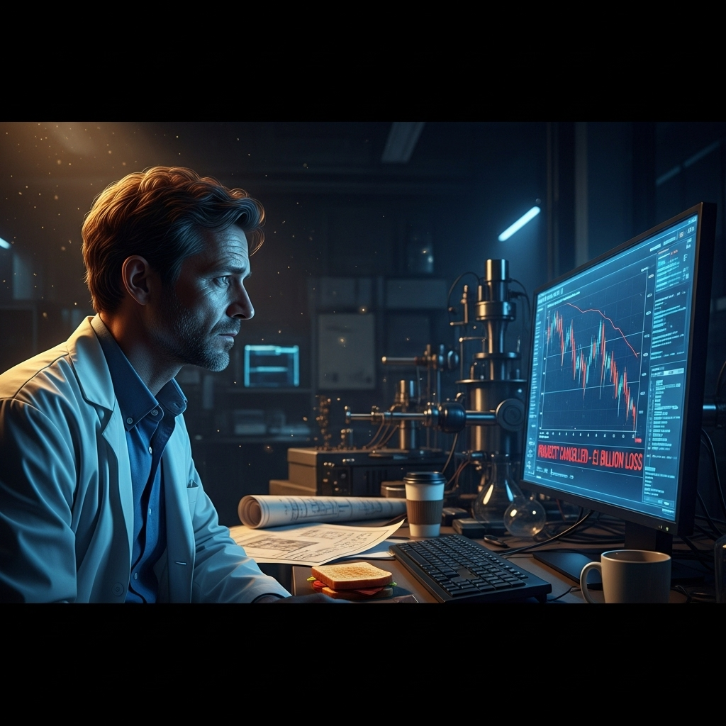 £1b project cancelled: Merck scraps all UK R&D ops 4 A scientist looking thoughtfully at a computer screen, symbolising the uncertain future after the £1b project was cancelled.