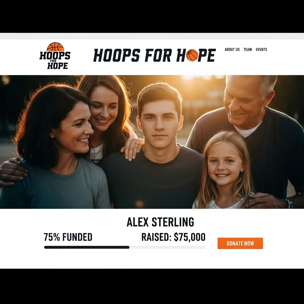 Loved Ones of 1st Gay NBA Star Ask for Medical Support 3 A screenshot of the 'Hoops for Hope' fundraising page, showing a photo of Alex Sterling and his loved ones.