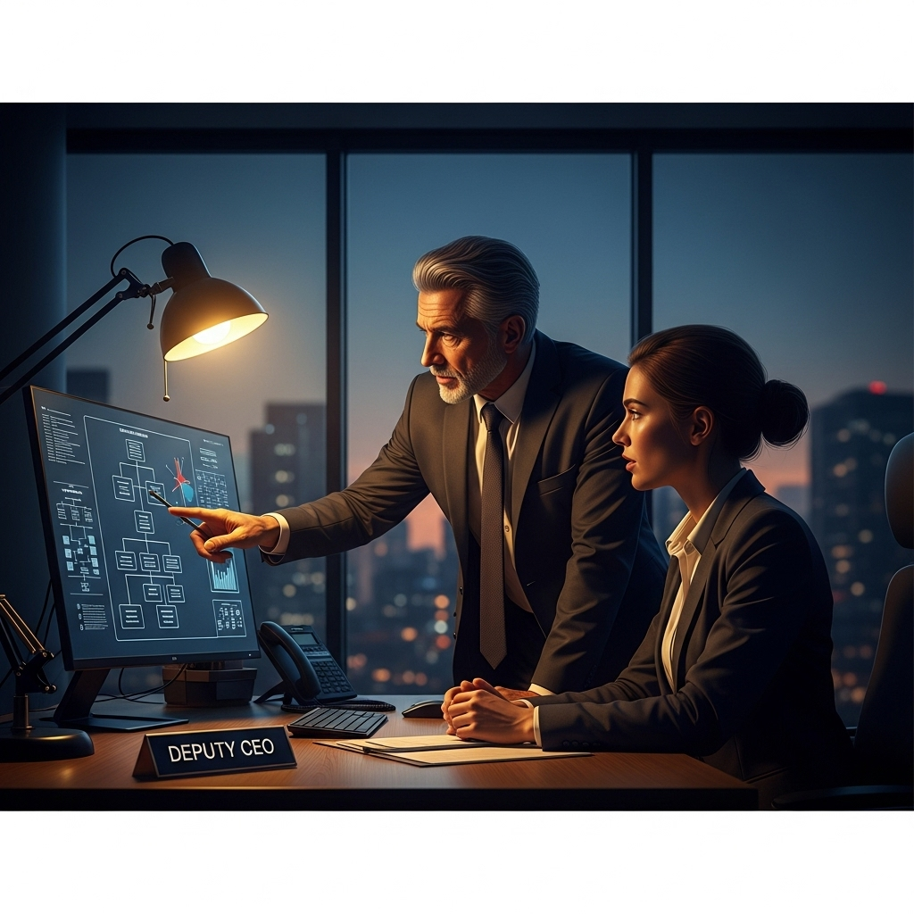 deputy chief executive officer role: 5 Core Functions 4 A senior executive mentoring a junior colleague in an office, symbolizing the succession planning inherent in the deputy chief executive officer role.