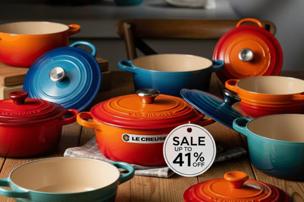 a set of le creuset heritage collection casserole dishes in various colors showcasing a sale of up to 41 off 0