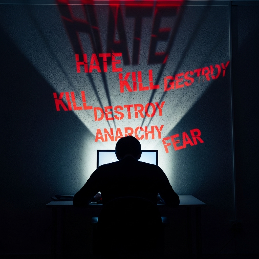 Ominous Turn: 1 Reagan Speechwriter on Political Violence 3 A shadowy figure typing on a keyboard, with aggressive and violent words projected on the wall, illustrating the ominous turn of online rhetoric.