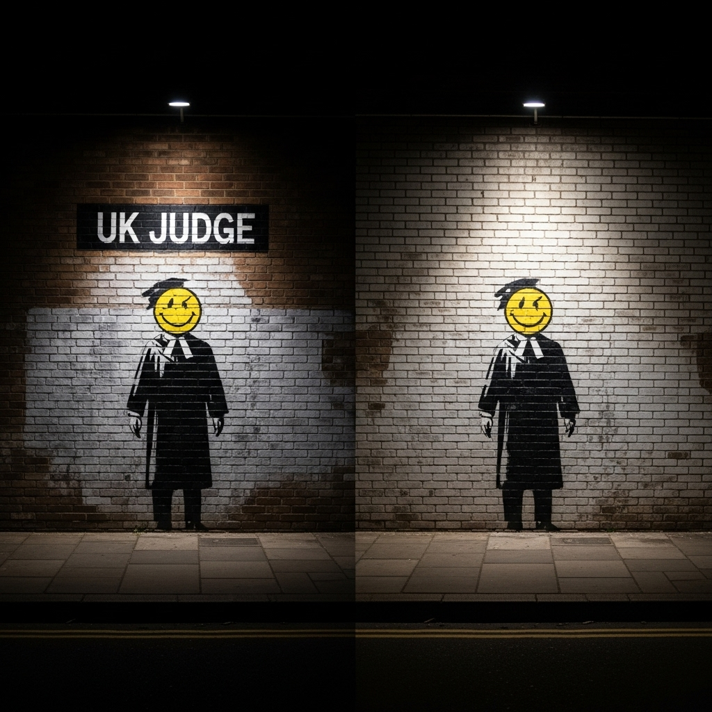 uk judge mural by Banksy: 1 artwork scrubbed from wall 2 A side-by-side comparison showing the wall with Banksy's uk judge mural and the same wall after it was scrubbed clean.