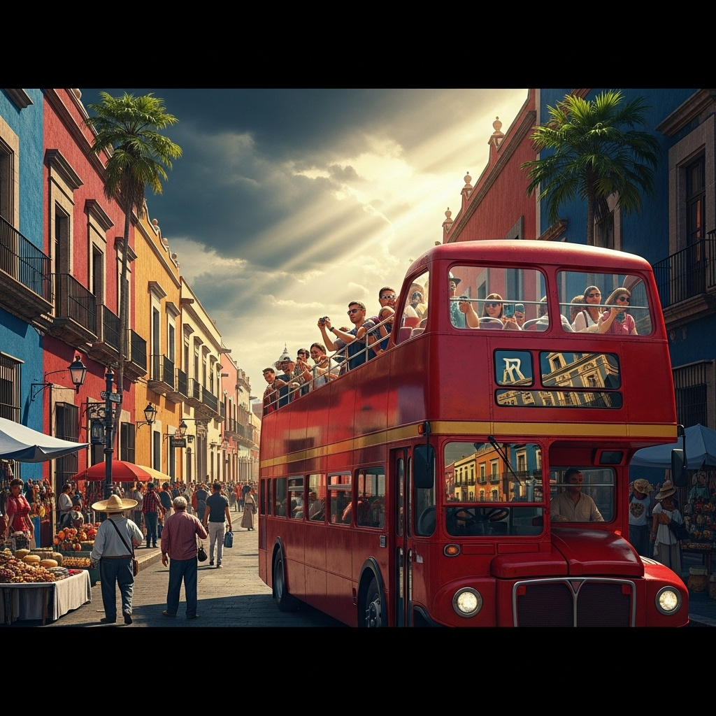 Double-Decker Bus Hit by Train, Killing 10 in Mexico 4 A sightseeing double-decker bus, similar to the one in the crash, on a city street in Mexico.