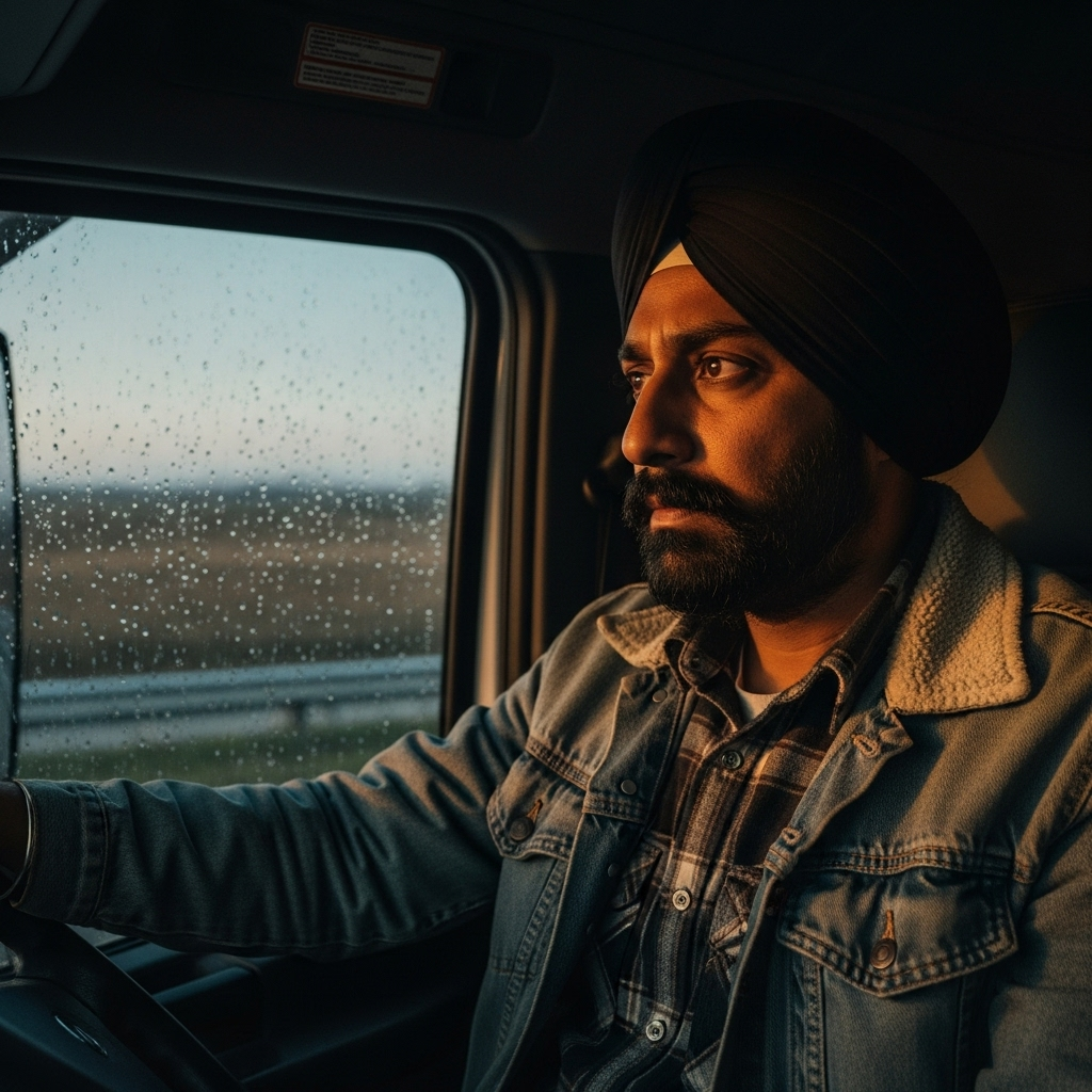 Sikh Truck Drivers Fear Backlash After 1 Fatal Crash 3 A Sikh truck driver looking out the window of his cab, concerned.