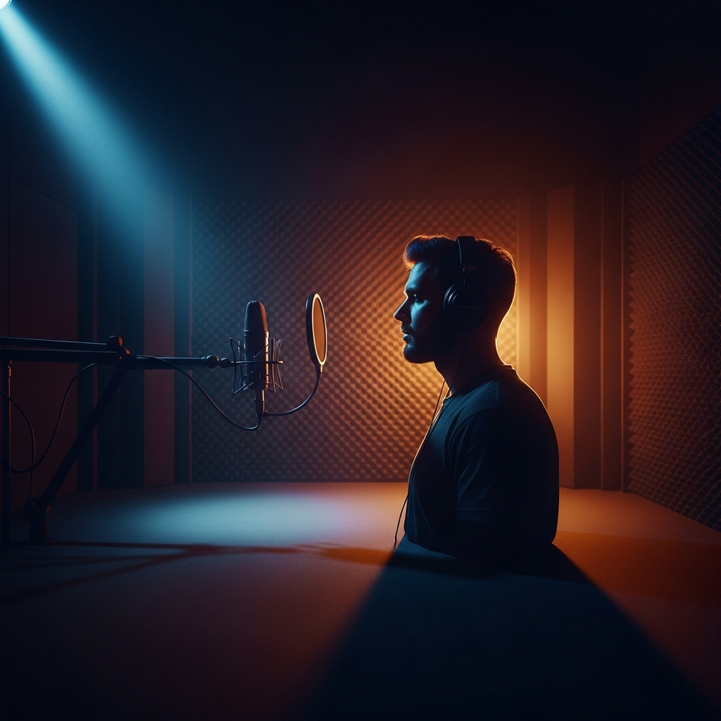 'distinctive voice': Rap Icon Hosts 5 New Murder Mysteries 2 A silhouette of a man with headphones, symbolizing the 'distinctive voice' of a narrator in a recording booth.