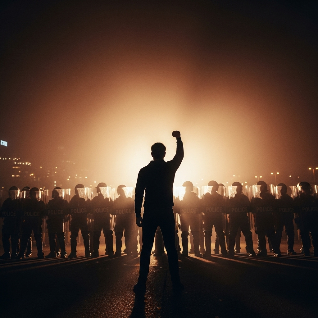 This 'tough guy' president: 5 ways he's silencing rivals 4 A silhouette of a single protestor facing a line of riot police, illustrating the silencing tactics of this 'tough guy' president.