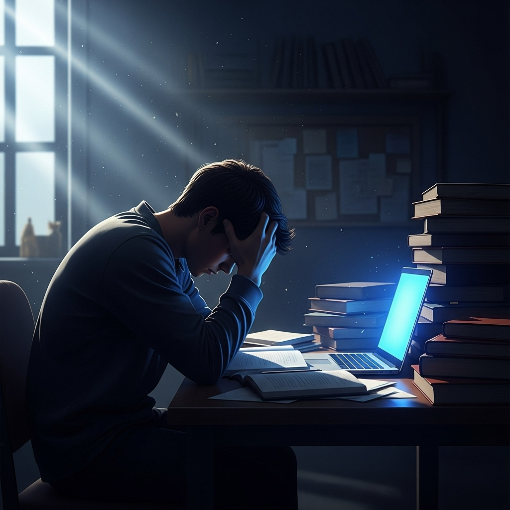 More Students Use OnlyFans: 3 Big Concerns on Campus 3 A silhouette of a student under stress, illustrating the mental health toll more students are experiencing.