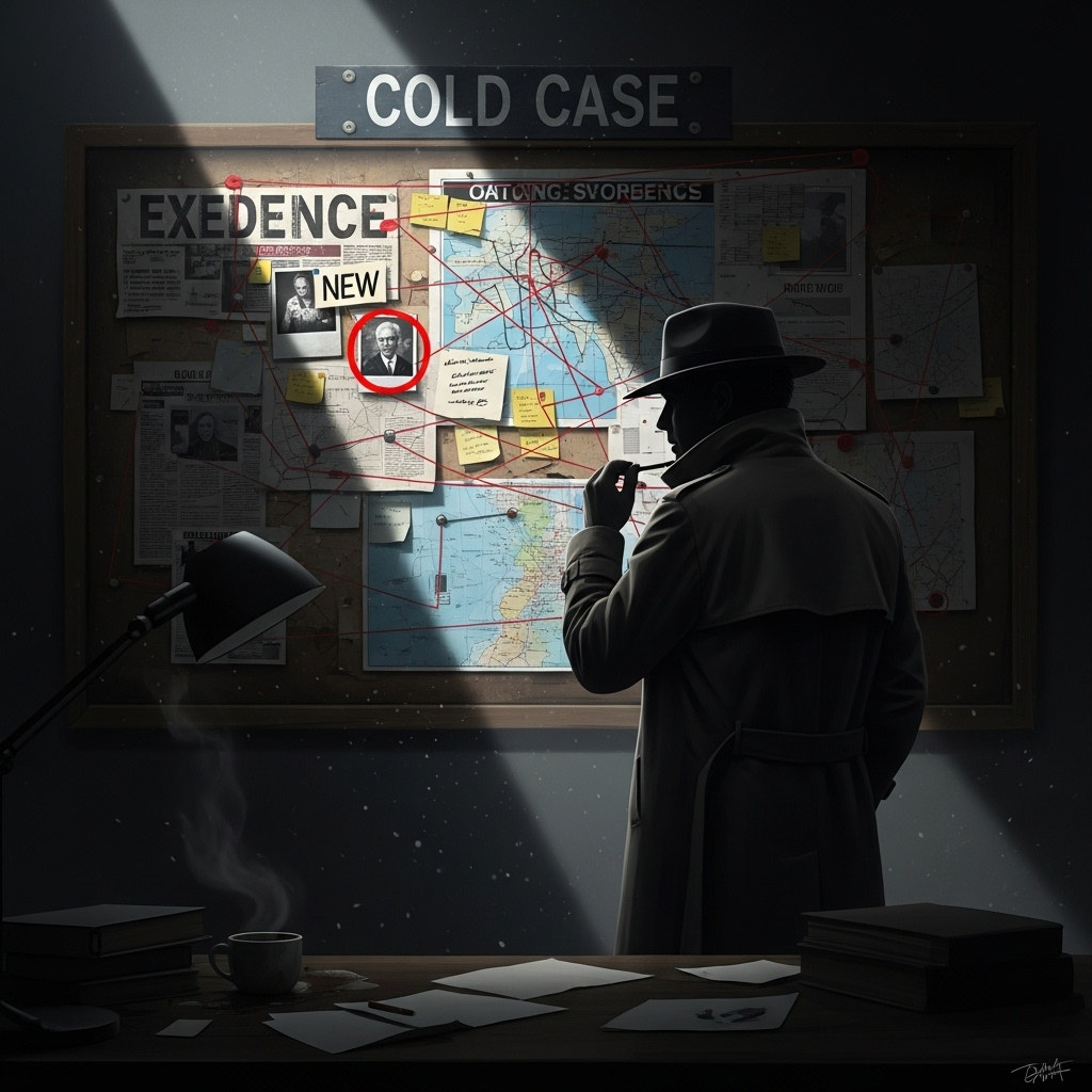 New Evidence: 2 Experts Re-Examine JonBenét Ramsey Case 3 A silhouette of an investigator looking at a cold case board, with new evidence highlighted in a beam of light.