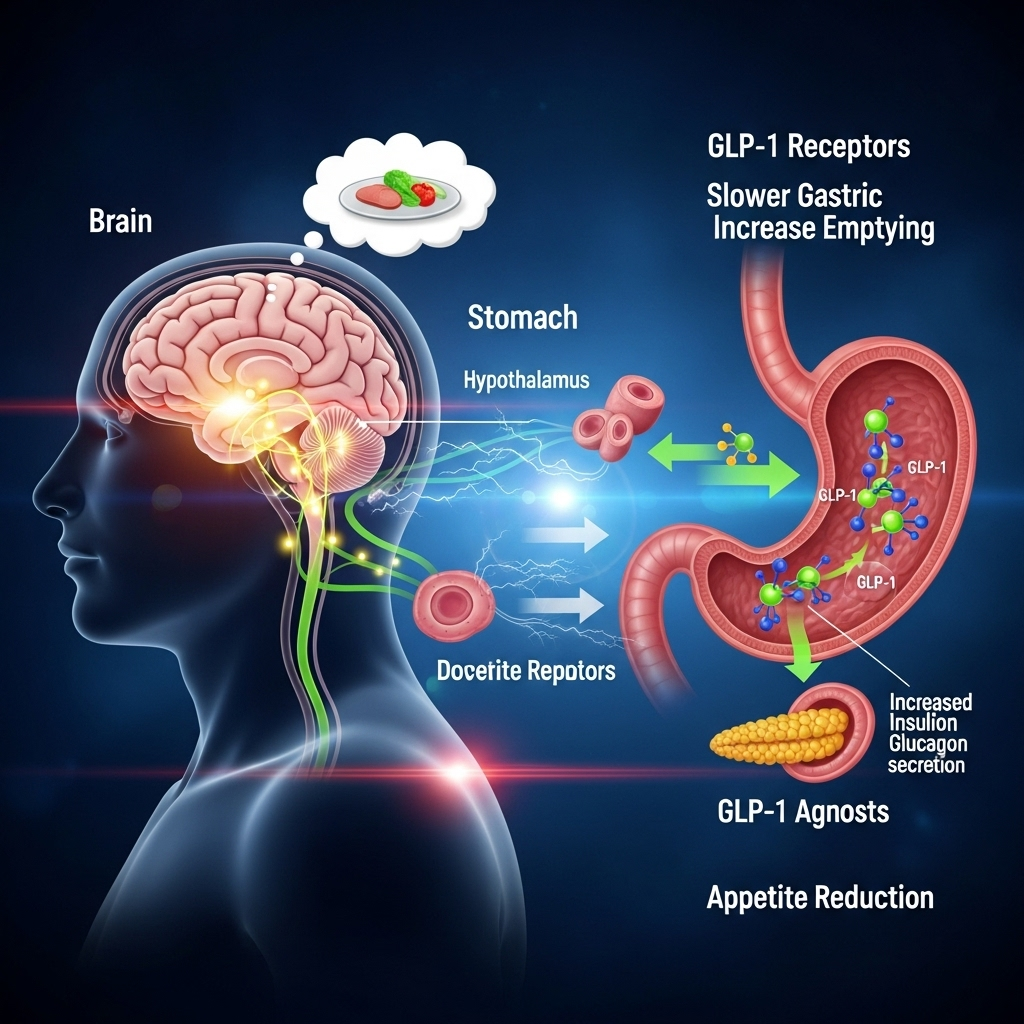 Ozempic Use: Kathy Bates on Her 60-Pound Weight Loss 3 A simplified graphic showing how GLP-1 agonists work in the brain and stomach, relevant to the discussion of Ozempic use.