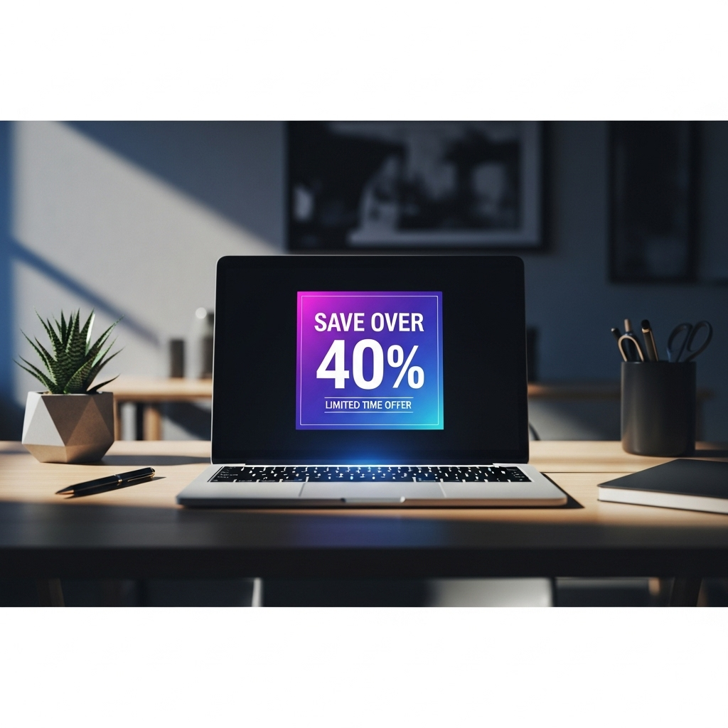 over 40% Off Laptops, Smart Locks & Tech Deals at Amazon 2 A sleek, modern laptop on a desk showing a sale sticker with savings over 40%.