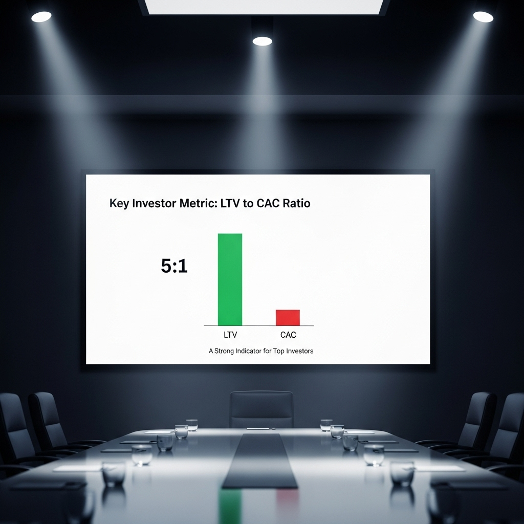 Top investors: 5 later-stage raise strategies for 2025 2 A slide from a pitch deck showing a strong LTV to CAC ratio, a key metric for top investors.