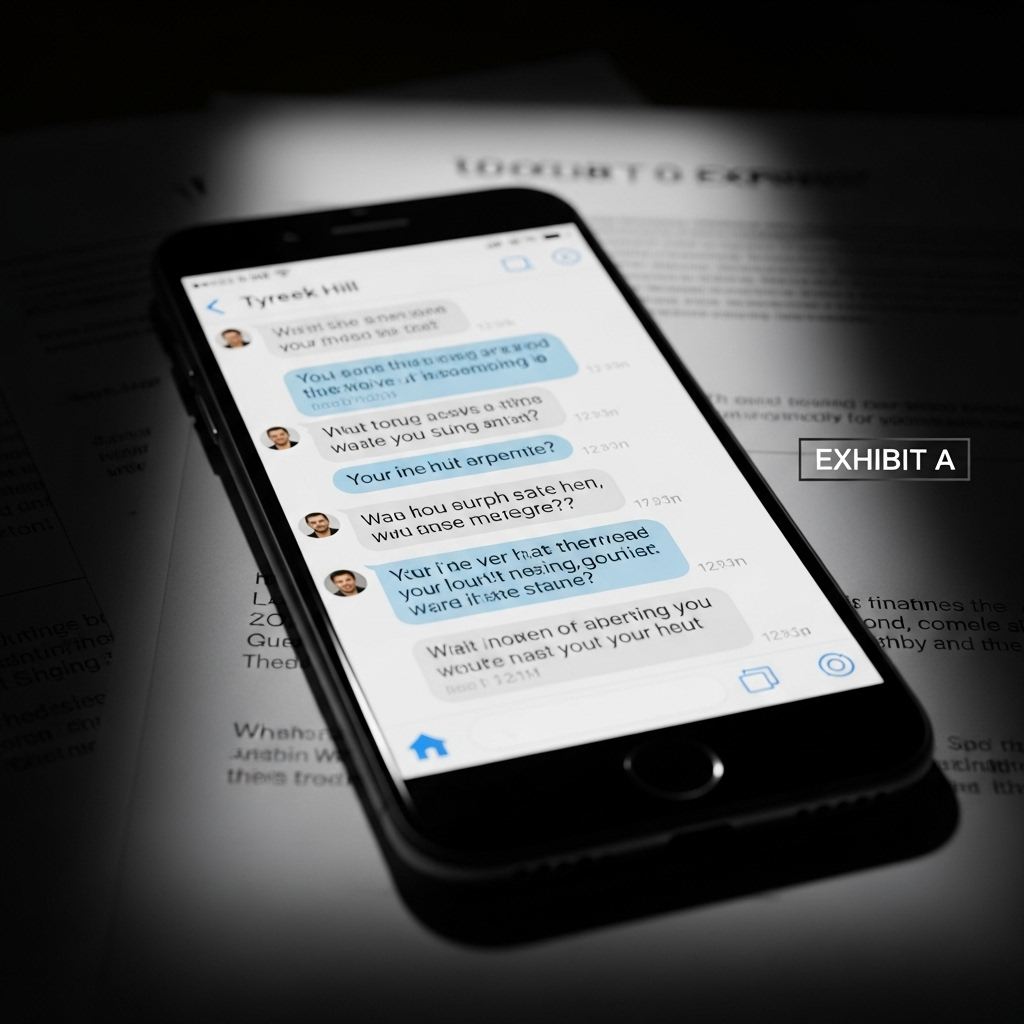 Court Filing: 8 DV Incidents Alleged Against Tyreek Hill 3 A smartphone screen displaying text messages, symbolizing the evidence in the court filing against Tyreek Hill.