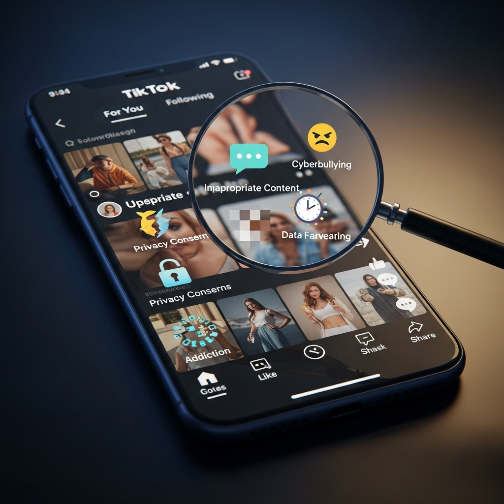 TikTok Risks: French Report Urges Ban for Under-15s 2 A smartphone screen displaying the TikTok interface, with a magnifying glass highlighting the various tiktok risks for young users.