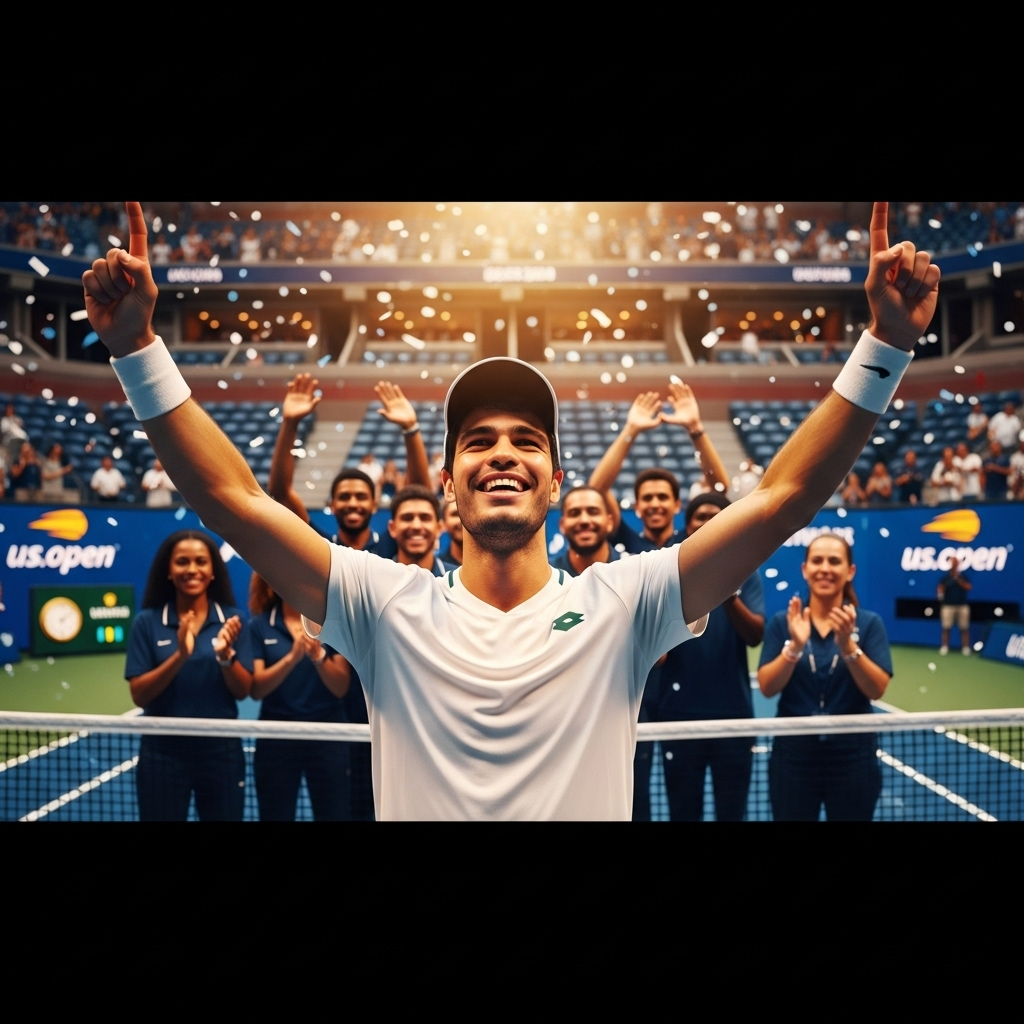 Wins U.S. Open: 5 Facts About Alcaraz's 2024 Victory 4 A smiling Carlos Alcaraz celebrates with his team after he wins U.S. Open 2024.