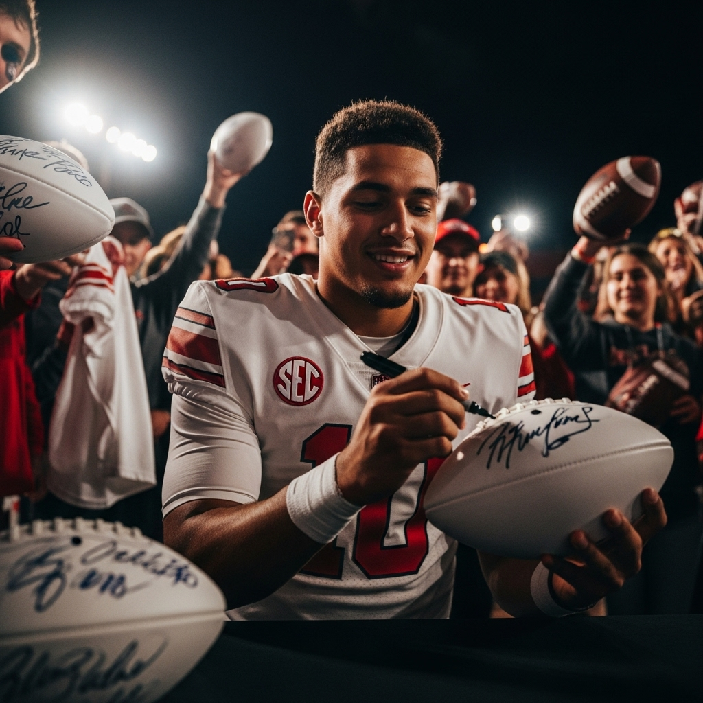 College Sports: 5 Things to Know About the NIL Fight 2 A smiling college sports quarterback signing a football for a NIL event.