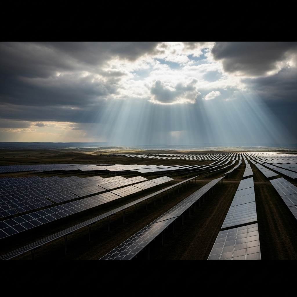 Big Promises: 3 Major Challenges for Canada's PM 3 A solar panel farm under a cloudy sky, symbolizing the difficult transition needed to fulfill big promises on climate change.