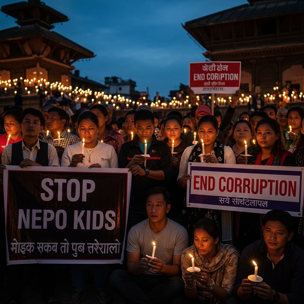 Nepo Kids: 19 Dead, Nepal Ministers Resign Amid Youth Anger 4 A solemn candlelight vigil in Nepal for the victims of the bus crash, with banners criticizing nepo kids and corruption.