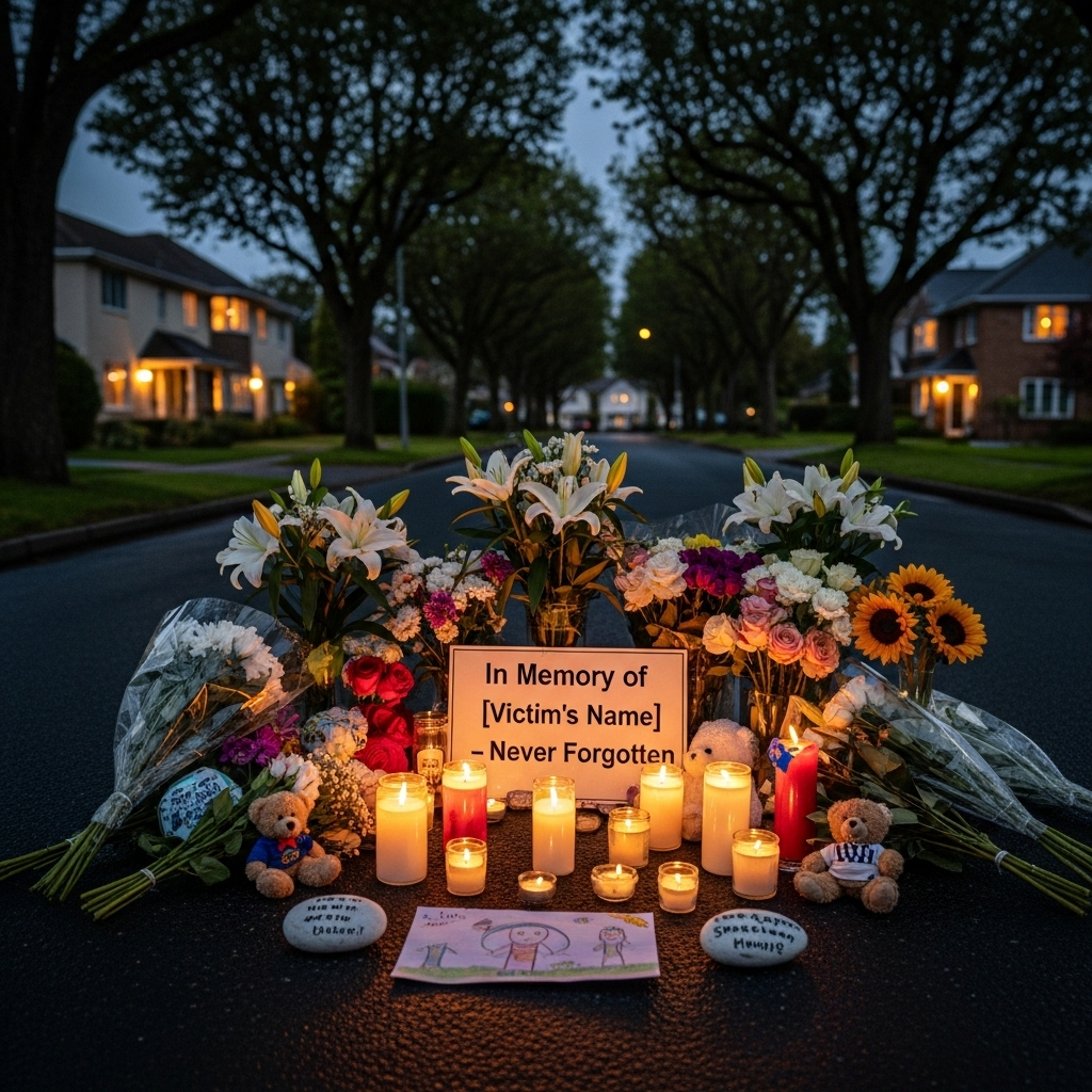 'vile monster' freed by Biden admin: 1 dead in Texas 2 A solemn memorial with flowers and candles on a suburban street, representing the community mourning the 'vile monster's' victim.