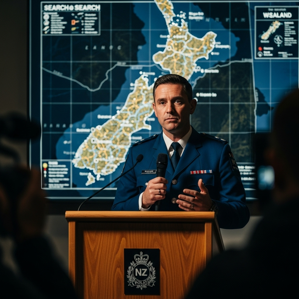 NZ Police Search for 2 Missing Kids After Fugitive Shot 3 A solemn NZ Police officer speaking at a press conference podium with a map of the search area behind him.