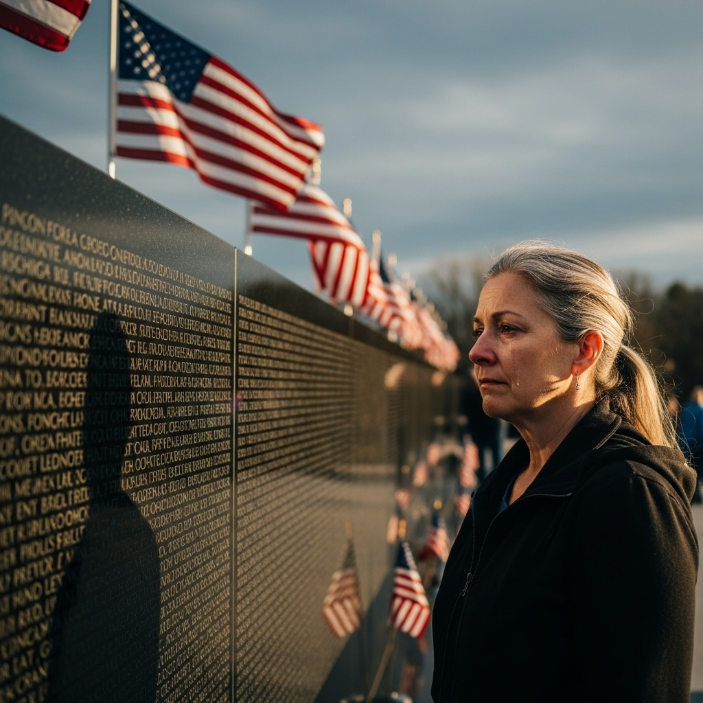 9/11 Responder's Wife Blasts Mamdani's Twitch Link 2 A somber 9/11 responder's wife looks at a memorial wall with flags.