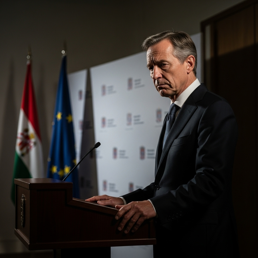 Prime Minister Faces Confidence Vote: 1 Government at Risk 2 A somber prime minister speaking at a press conference podium.