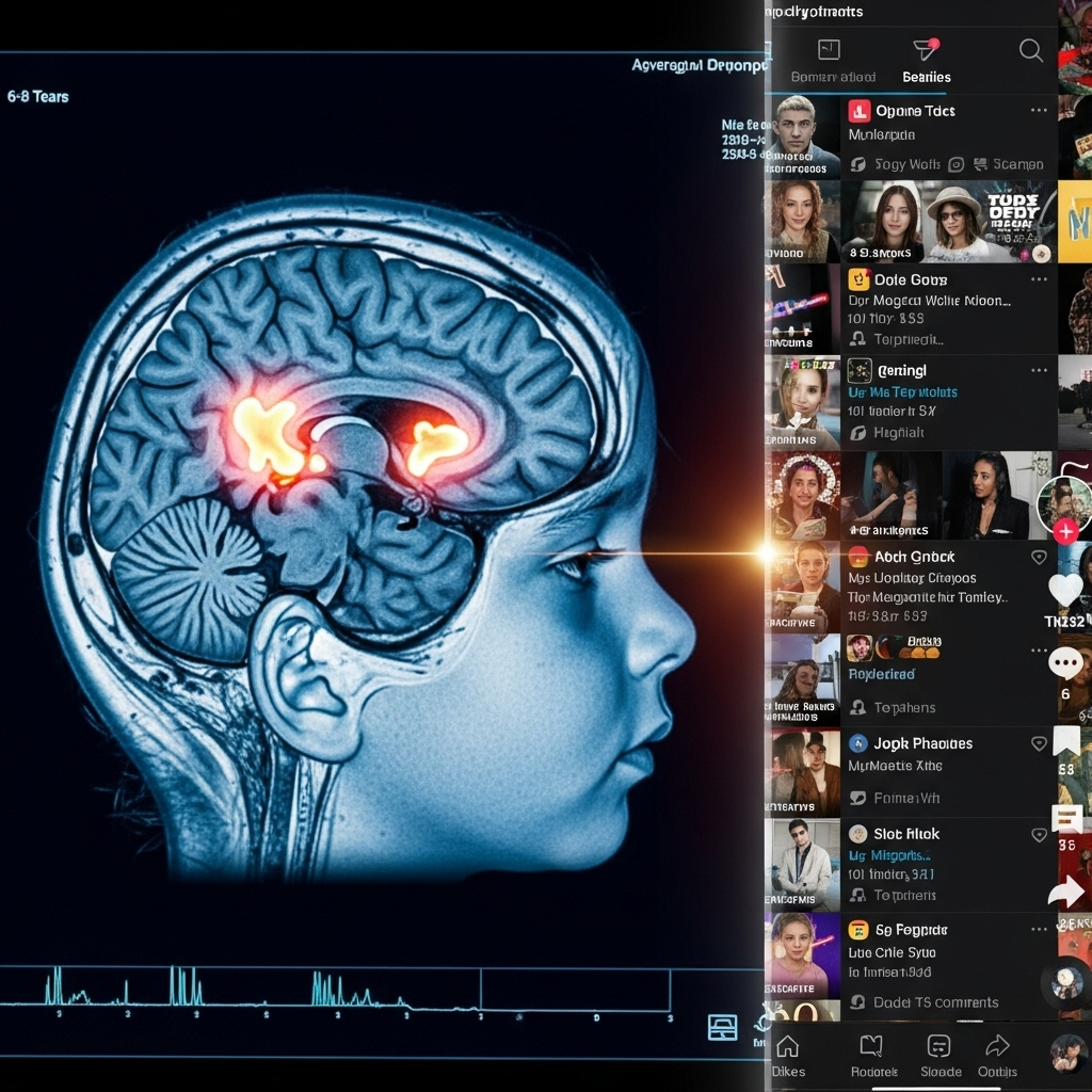 TikTok Risks: French Report Urges Ban for Under-15s 3 A split image showing a child's brain scan on one side and a social media feed on the other, illustrating the tiktok risks to cognitive development.
