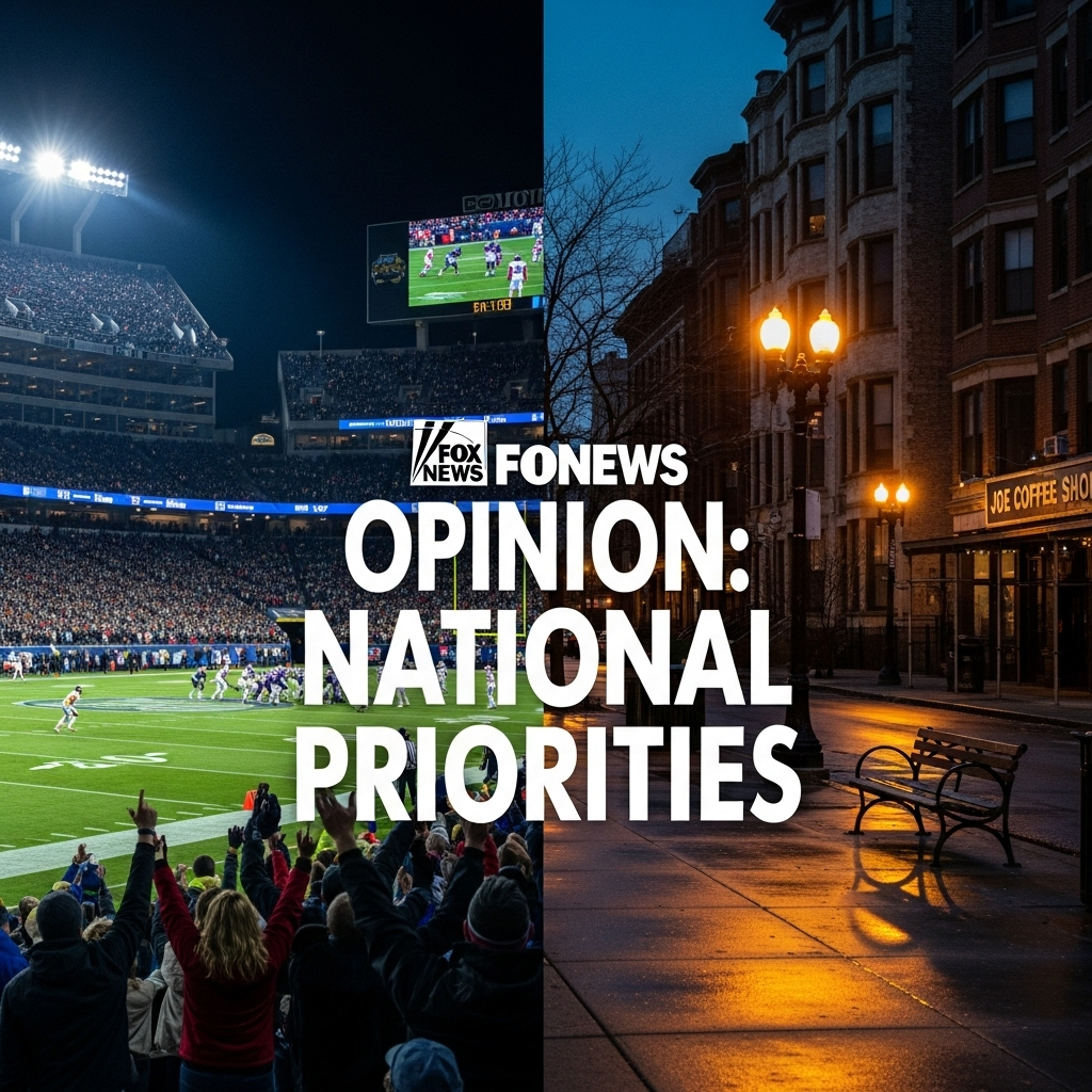 Fox News Opinion: 3 Takes on Chicago, Taylor & Travis 2 A split image showing a crowded football stadium on one side and a quiet Chicago street on the other, illustrating a fox news opinion on national priorities.