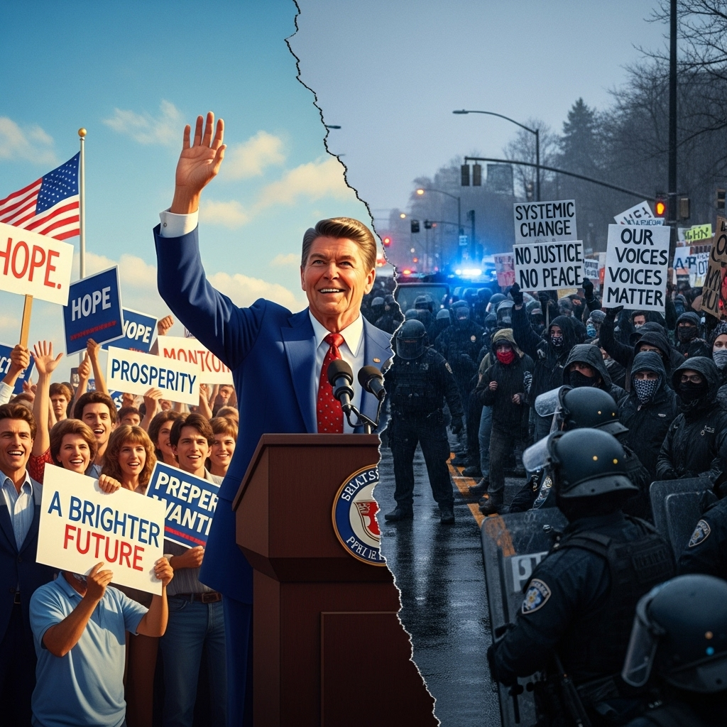 Ominous Turn: 1 Reagan Speechwriter on Political Violence 2 A split-screen image showing a hopeful 1980s political rally on one side and a tense, modern protest on the other, signifying an ominous turn in politics.
