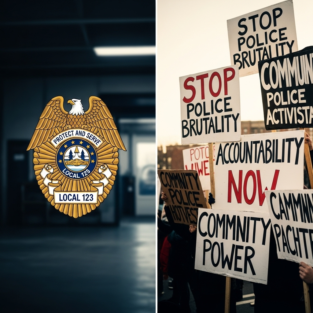 Police Policy Question: Mamdani's 1 Answer Sparks Outrage 3 A split-screen image showing a police union logo on one side and community activist signs on the other, representing the dual backlash to the police policy question response.