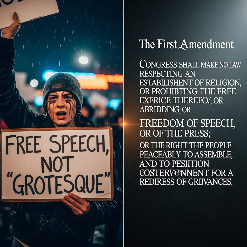kirk killing 'grotesque': 1 Senator Blames Online Hate 4 A split-screen image showing a protestor holding a sign on one side and the First Amendment text on the other, illustrating the debate around the kirk killing 'grotesque' event.